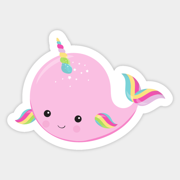 Unicorn Whale, Baby Whale, Cute Whale, Pink Whale Sticker by Jelena Dunčević